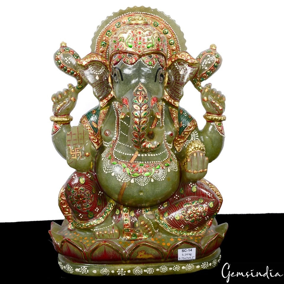 5.1 Kg Natural Aventurine Singlestone Carved Lord Ganesha Gold Paint Sculpture