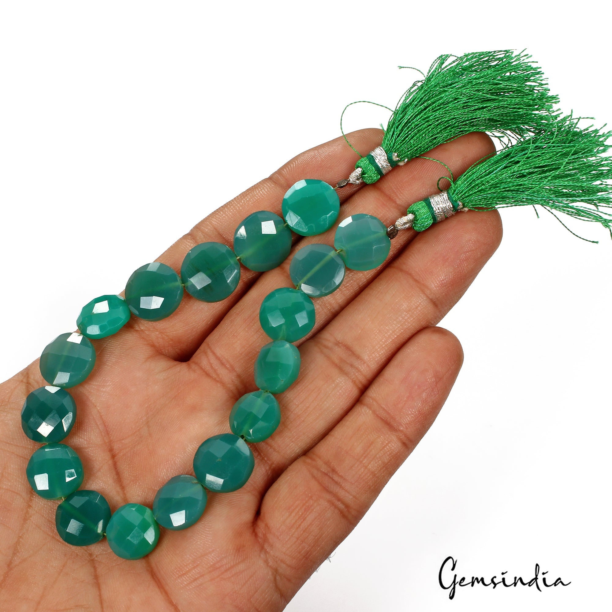 102.40 Ct/17 Pcs Natural Cool Green Onyx Round Checker Cut Drill Bead Strand-8"