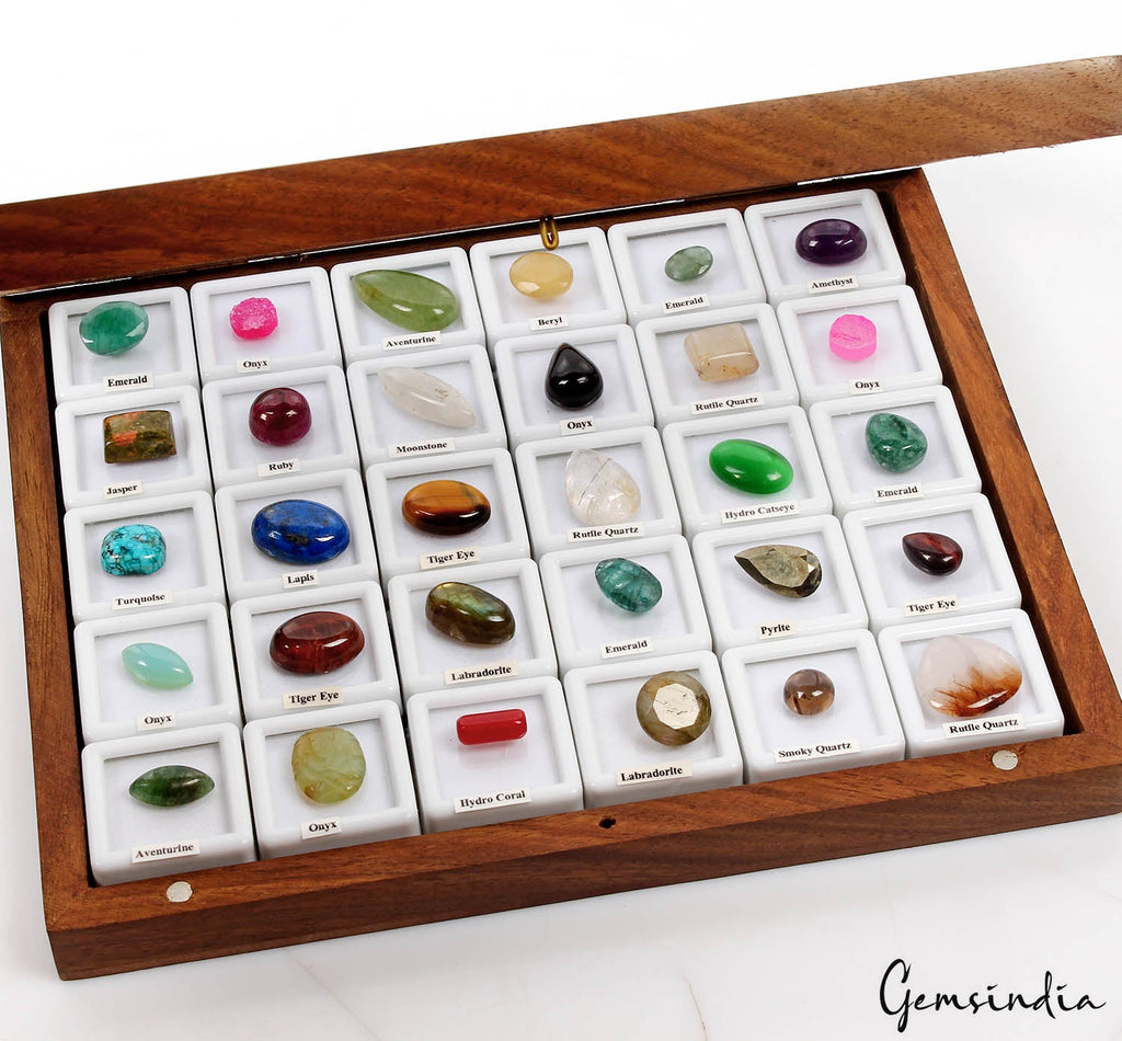 30 Pcs Estate Genuine Semi Precious Loose Multi Color Gems Collection+Wooden Box
