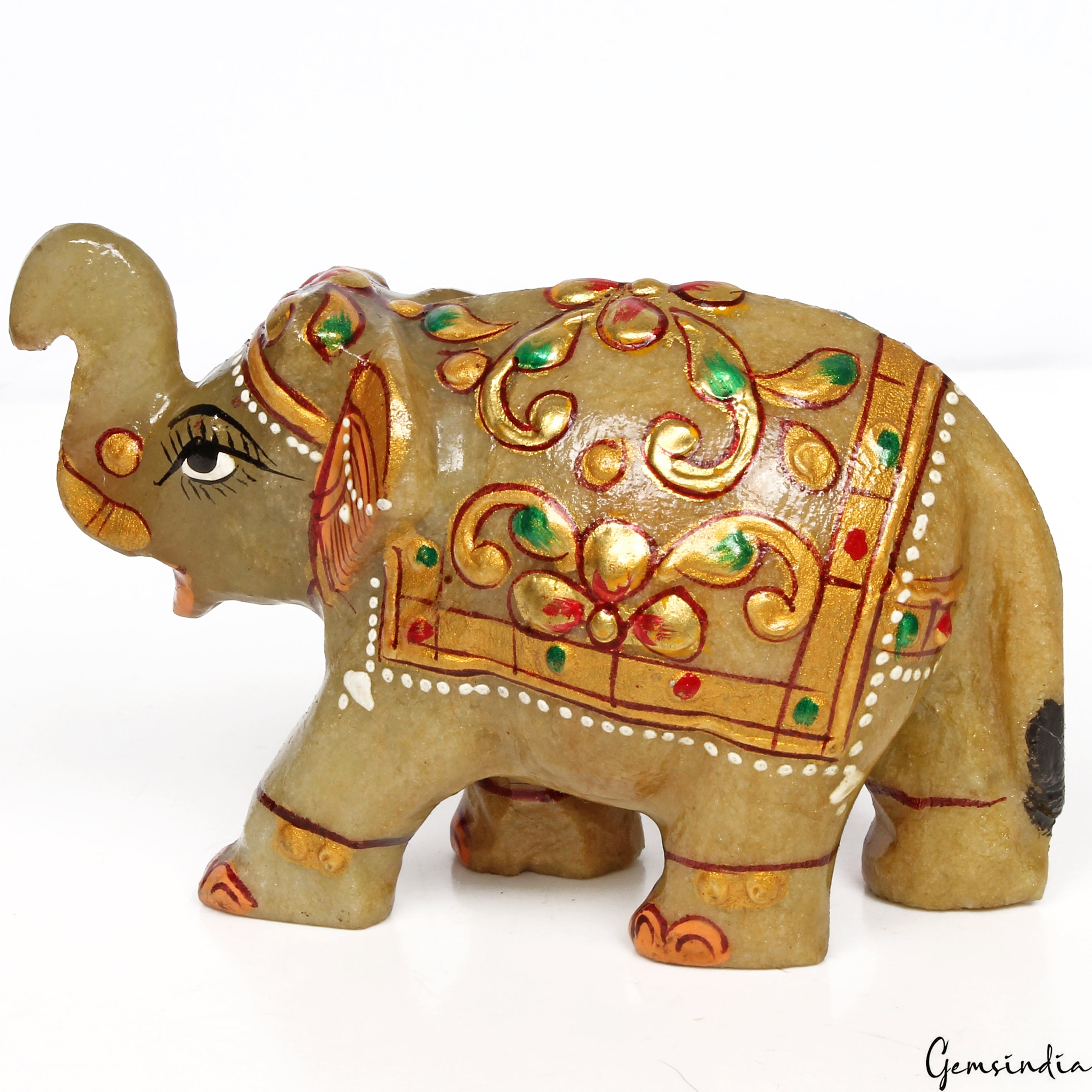 830 Ct Hand Crafted Gold Painted Trunk Up Elephant Natural Aventurine Sculpture