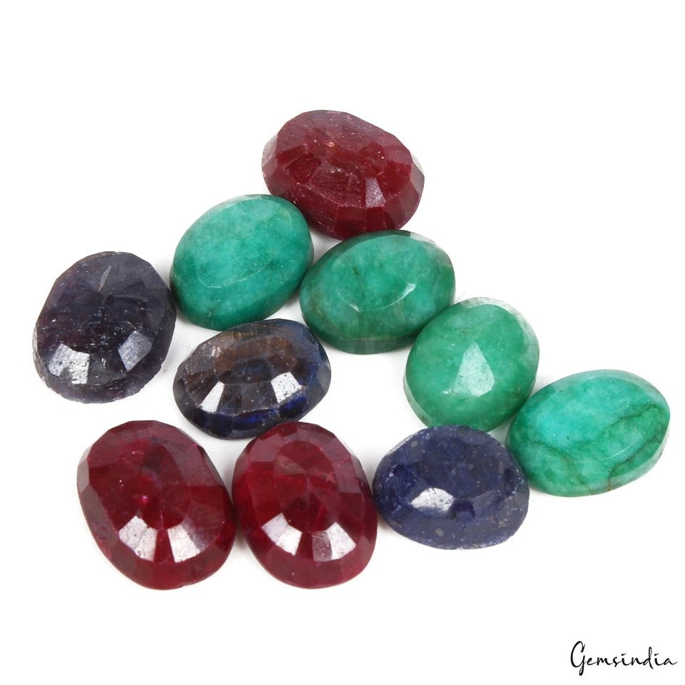 10 Pcs Lot Natural Ruby Emerald Sapphire Oval Faceted Loose Ring Size Gemstones