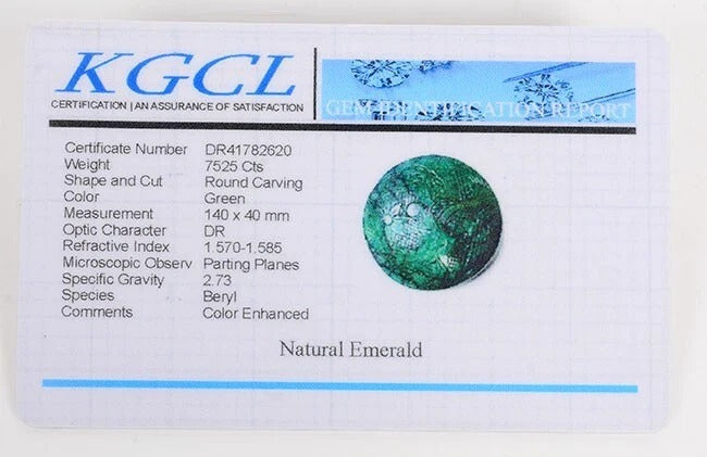 Emerald Carving, Color Enhanced — 140 x 140 x 40mm, 1.505 Kg (7525 Ct), Brazil