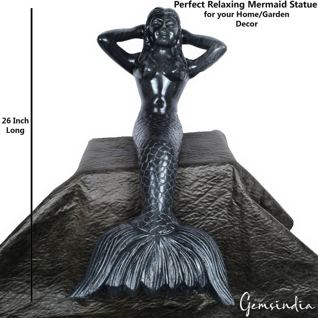 26 Inch Large Black Marble Mermaid Hand Carved Sitting Ocean Statue 14.8 kilo