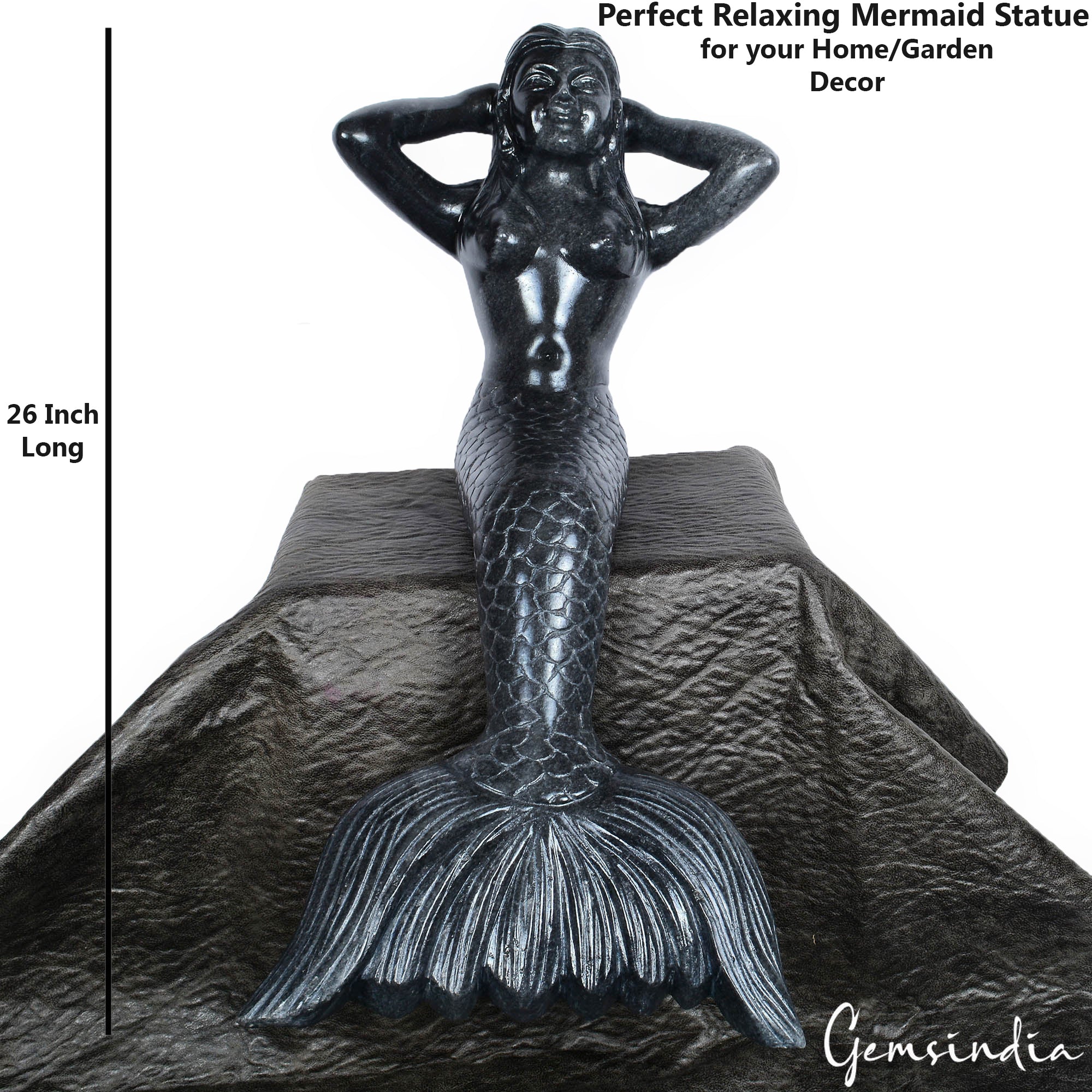 26 Inch Large Black Marble Mermaid Hand Carved Sitting Ocean Statue 14.8 kilo