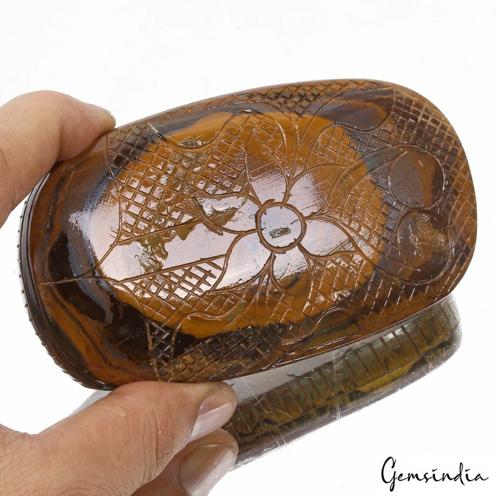 Tiger Eye Carving, Oval Carved, Yellow — 115 x 65 x 20mm, 1730 Ct