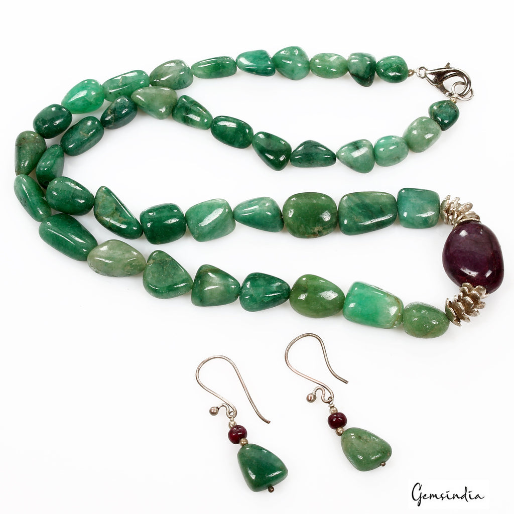 325 Ct Natural Emerald Ruby Tumble Cab Beaded Handmade Necklace with Earrings