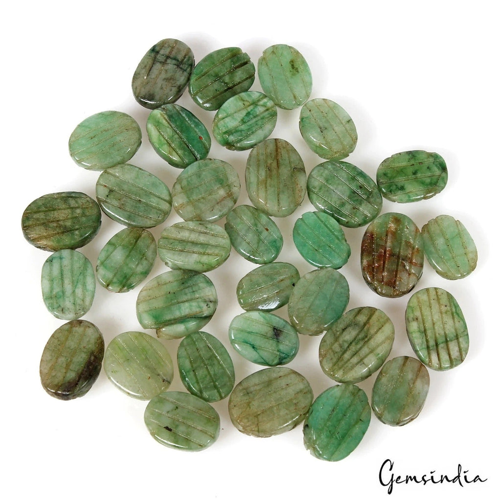 330 Ct/33Pcs Natural Carving Green Emerald Oval, Ring Size Loose Gemstones Lot