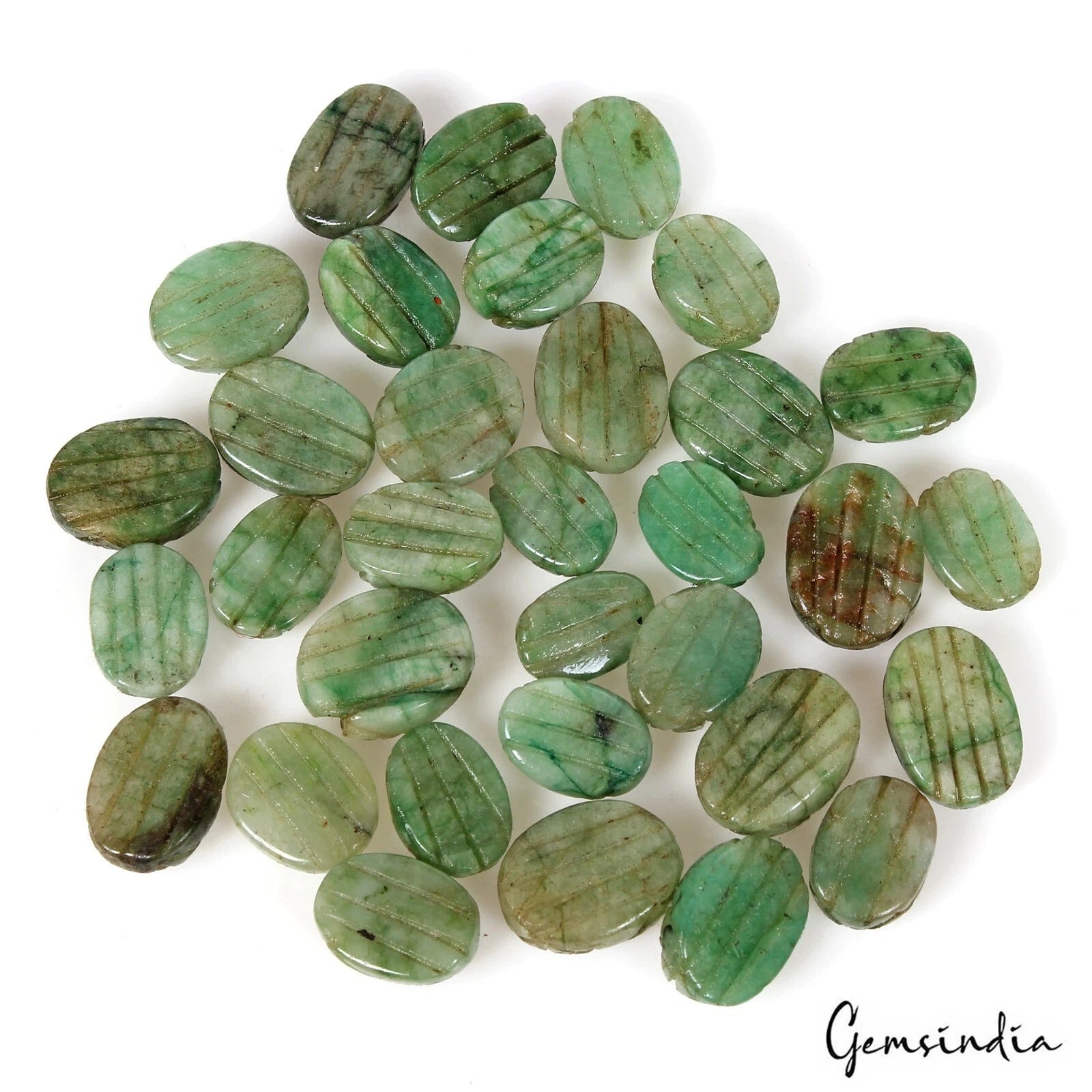 330 Ct/33Pcs Natural Carving Green Emerald Oval, Ring Size Loose Gemstones Lot