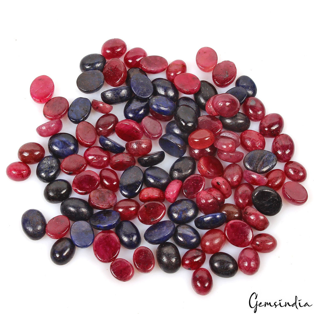 Certified 450 Cts/100 Pcs Natural Red Ruby Blue Sapphire Oval Cab Jewelry Gems