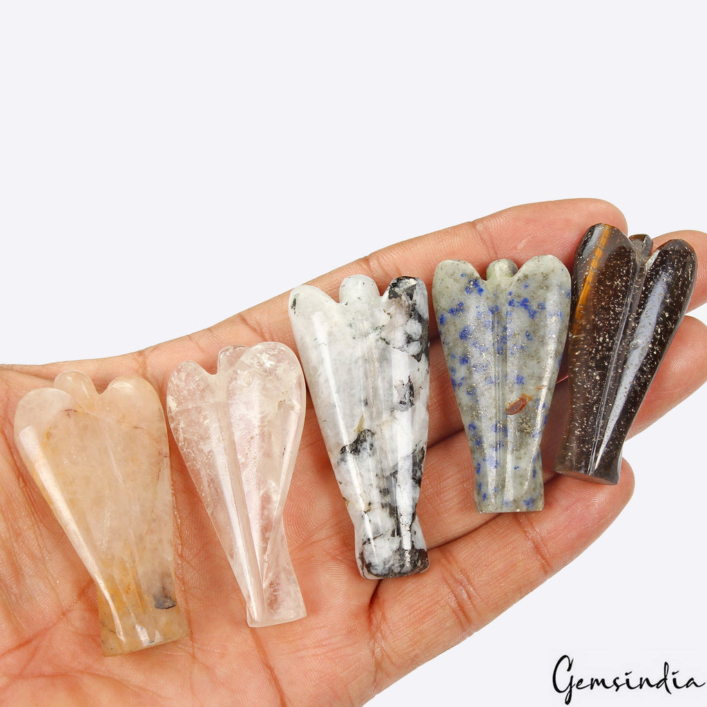 480 Cts/5 Pcs Natural Multi Gemstones Carved Pocket Good Luck Angel/Figurine