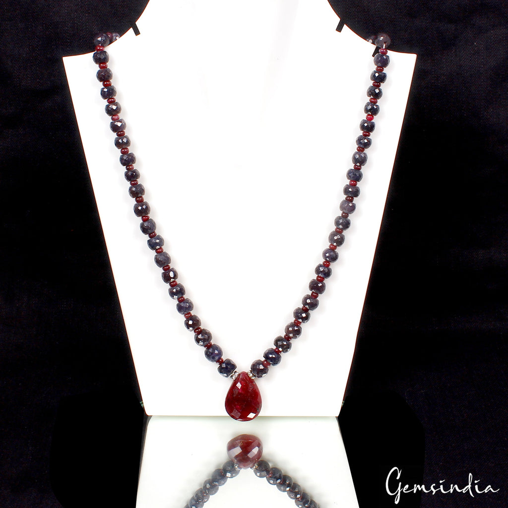 22" Natural Ruby & Sapphire Gemstone Handmade Pendant Necklace for Women 445 Ct