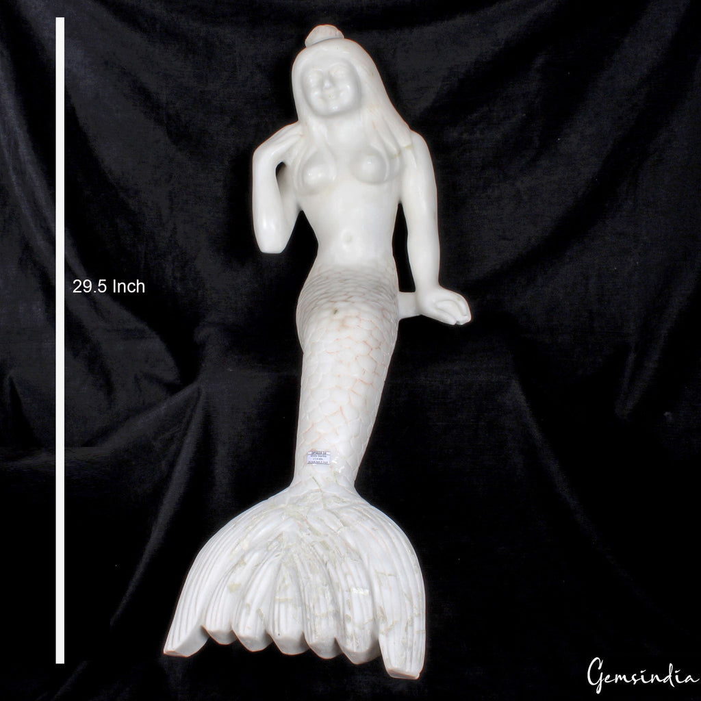 Large White Marble Mermaid Hand Carved Figurine Statue 29.5 inch Tall /17.4 kilo