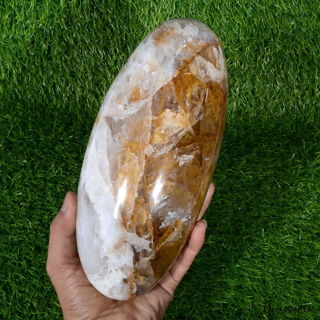 9.3" Golden White Quartz Healing Chakra Charged Metaphysical Oval Lingam 3.5 Kg