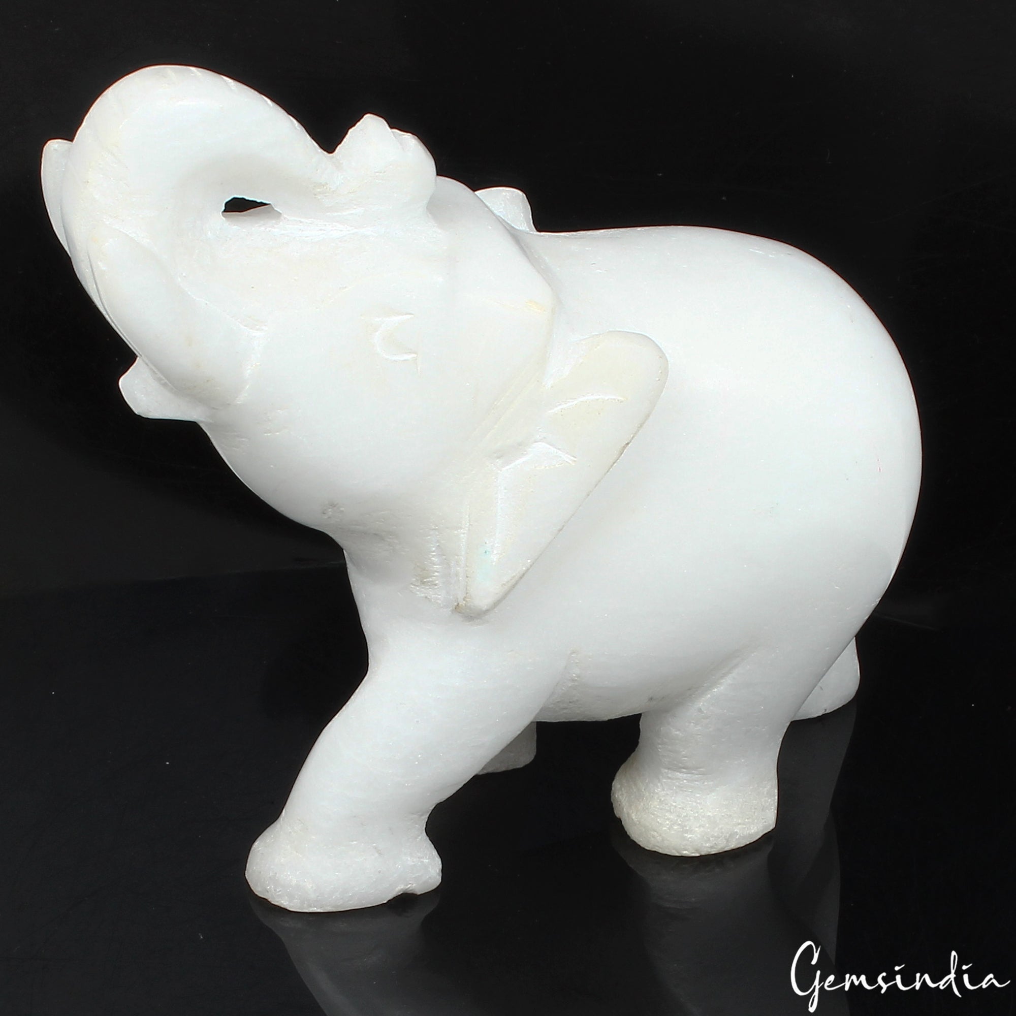 1280 Ct+ Natural White Marble Carved Trunk Up Elephant Hand made Sculpture ~3"