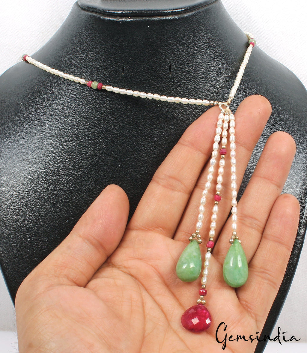 17" Long Designer Rice Pearl, Ruby & Emerald Cabochon Beads Handmade Necklace