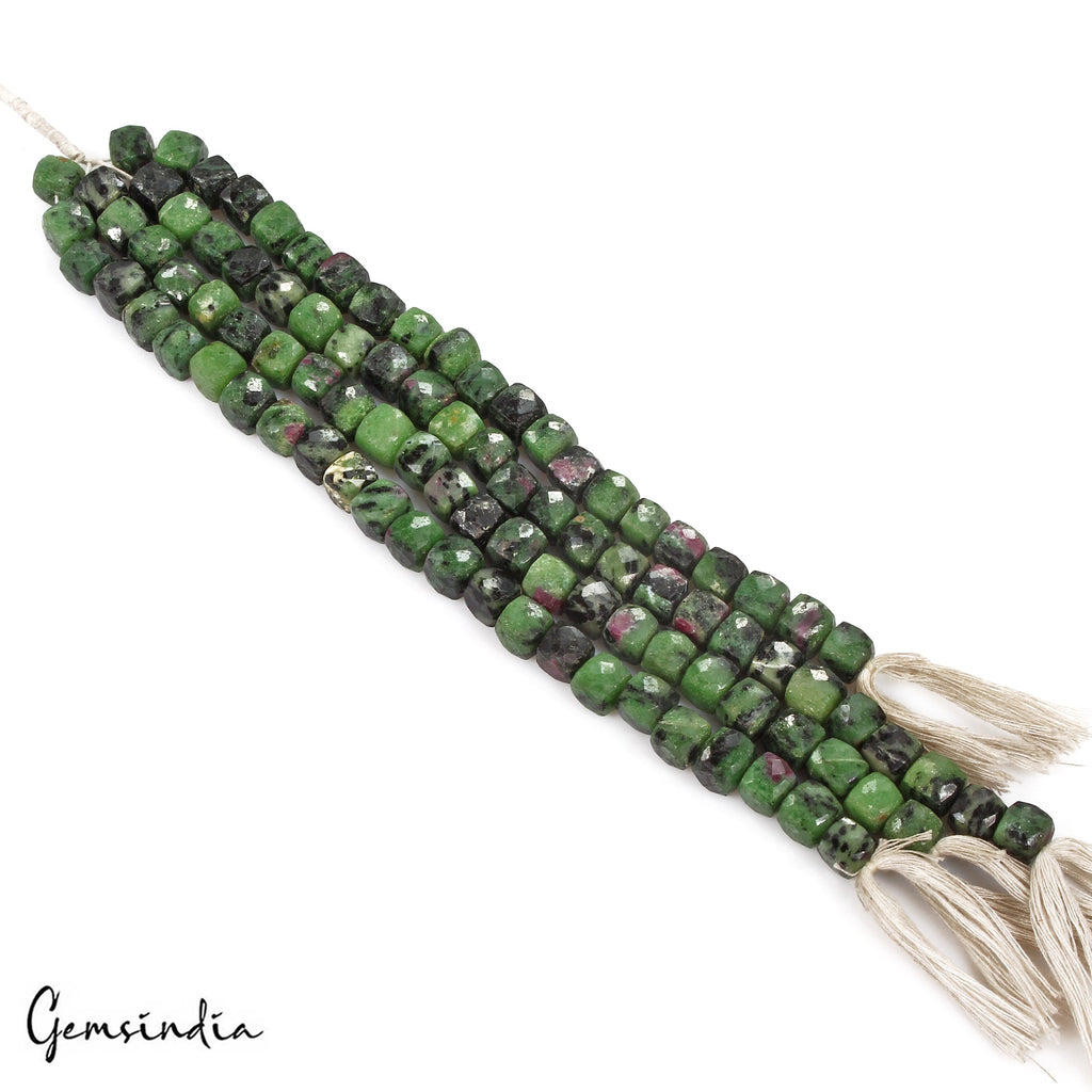680 Ct/4 Pcs Natural Bi-Color Ruby Zoisite Dice Checker Cut Drill Bead Strand 7"