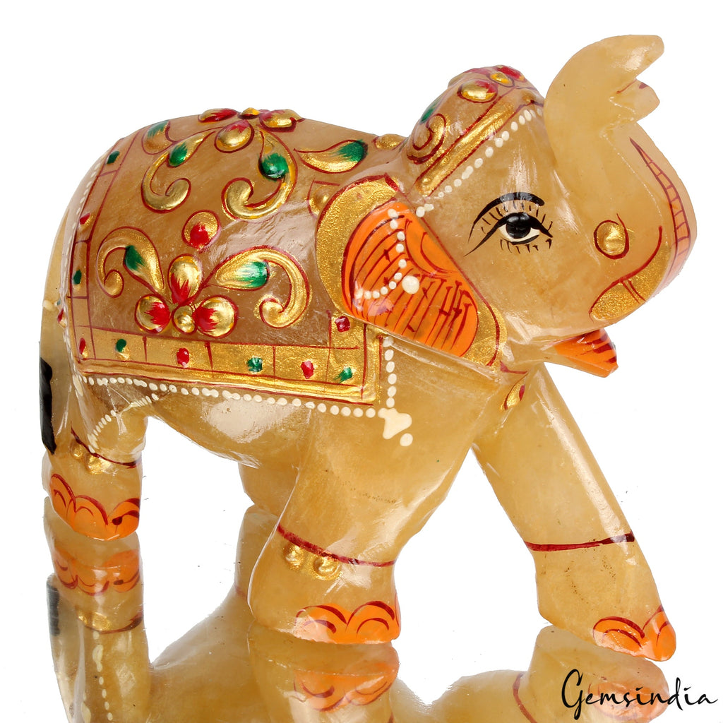 Hand Crafted 1200 Ct Gold Painted Trunk Up Elephant Natural Aventurine Sculpture