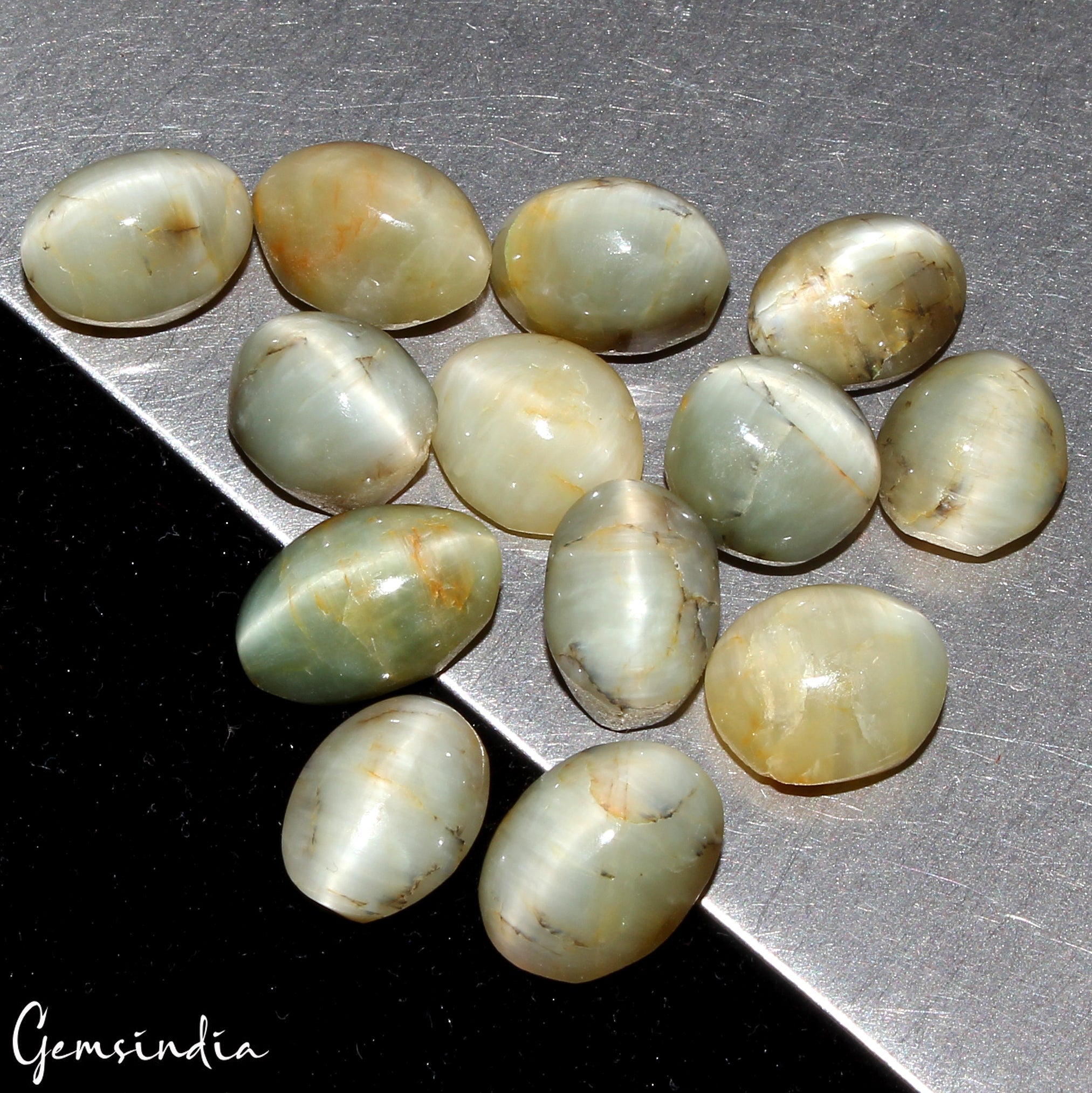 48.50 Cts Natural Chrysoberyl Green Cats Eye Oval Cabochon Loose Gemstones~13 Pc