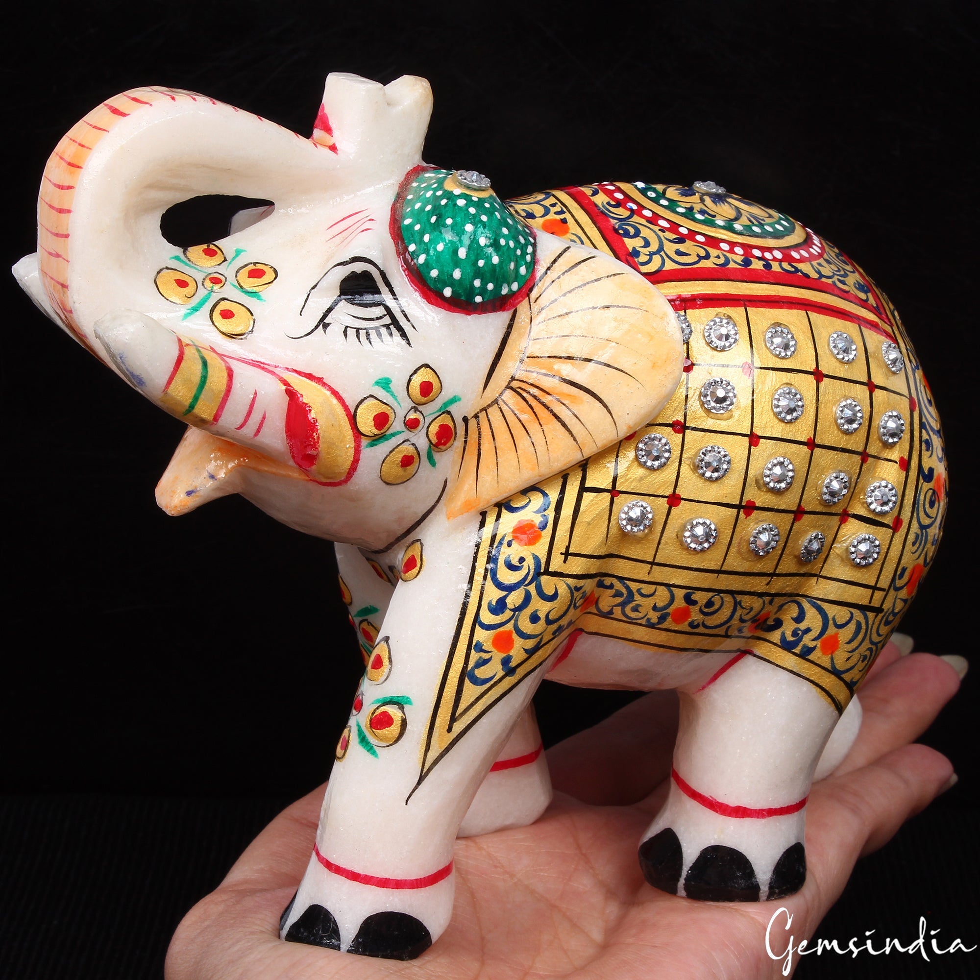 1.3 Kg Marble Elephant Statue Trunk Up Hand Paint Indian Art Home Deor Figurine