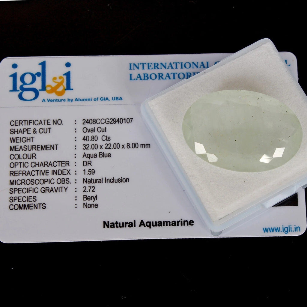 IGL&I Certified 40.80 Cts Natural Brazilian Untreated Blue Aquamarine Oval Gem