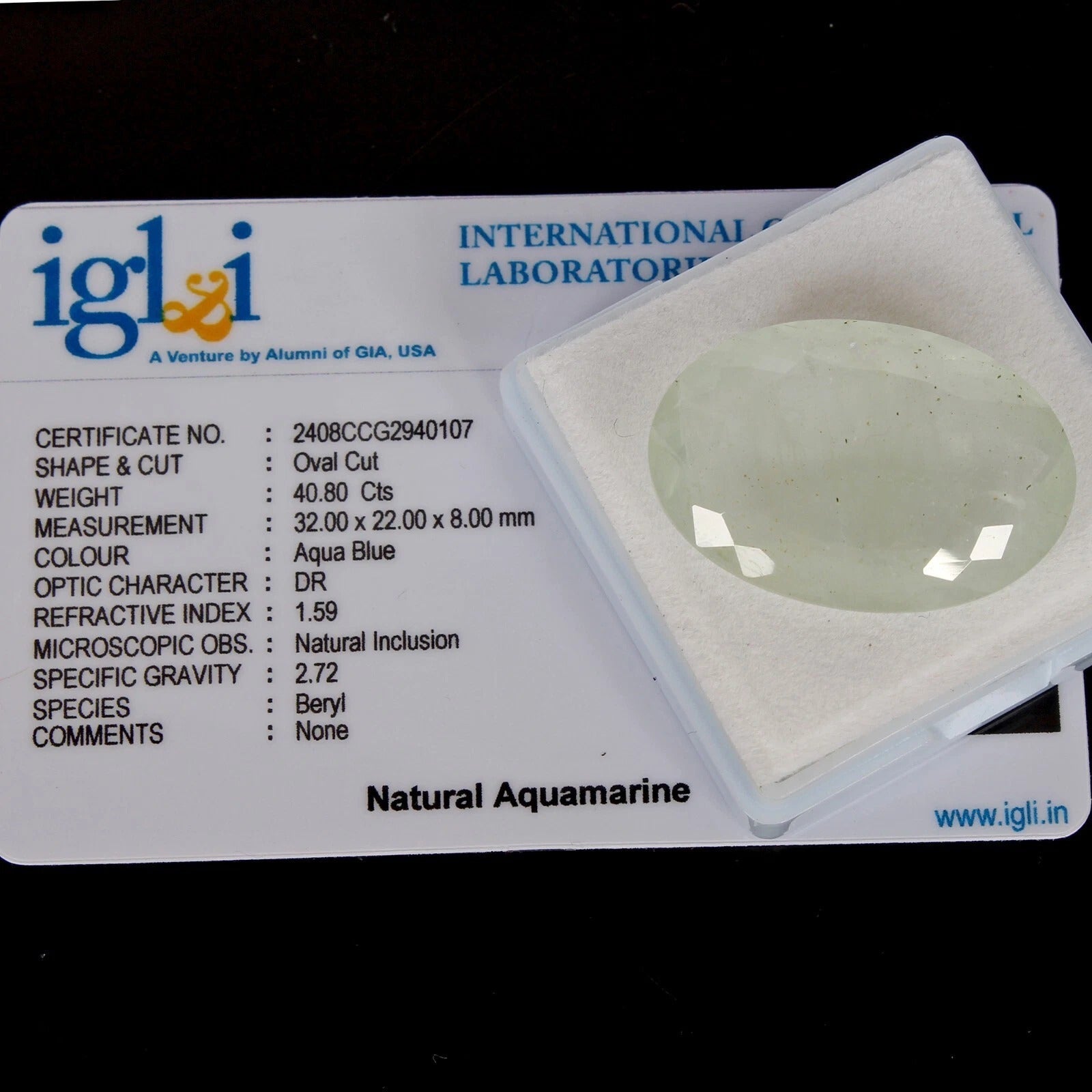 IGL&I Certified 40.80 Cts Natural Brazilian Untreated Blue Aquamarine Oval Gem