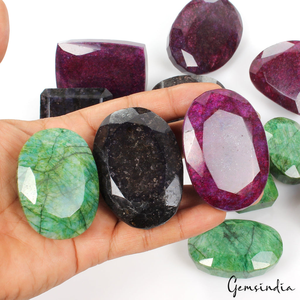 7600 Ct/12Pcs Natural Multi Color Emerald Ruby Sapphire Mixed Cut Loose Gems Lot