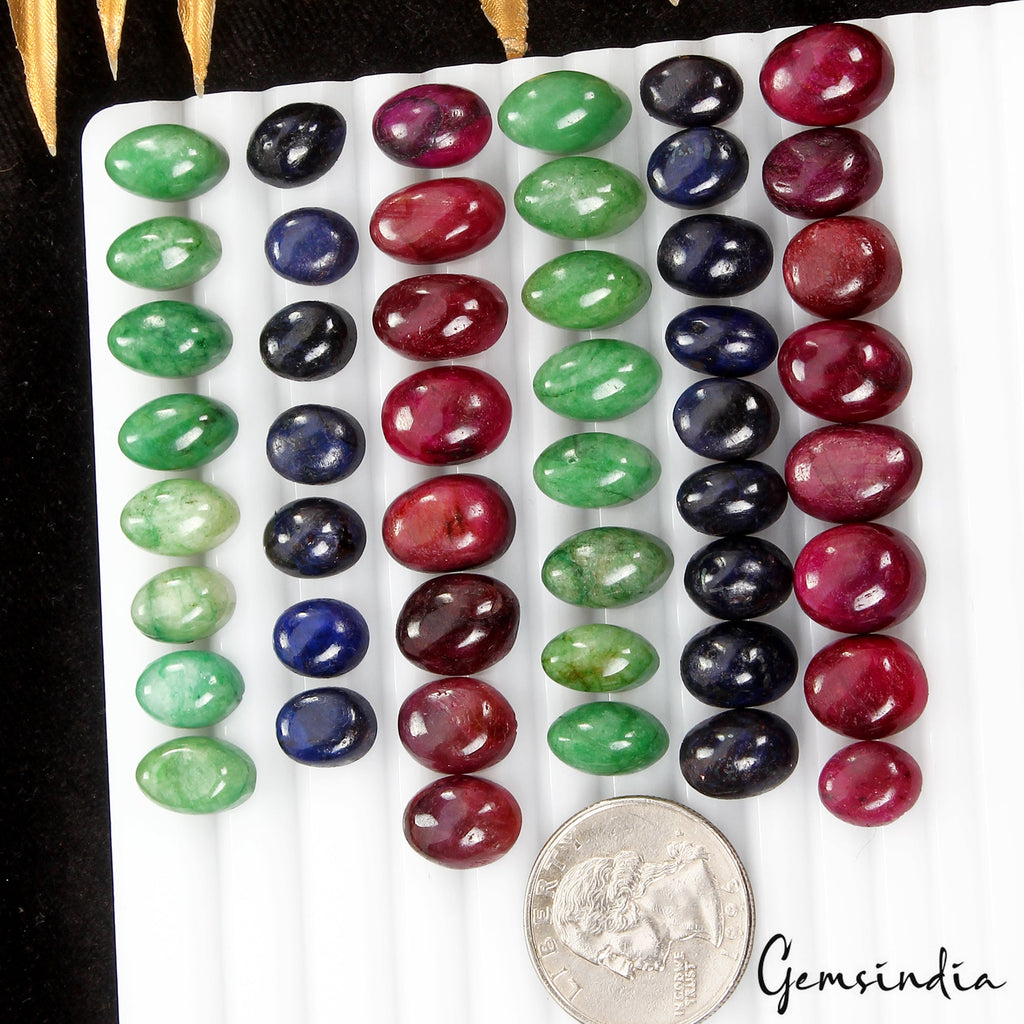 Certified 300 Ct Natural Ruby Emerald Sapphire Oval Cabochon Loose Gemstones Lot