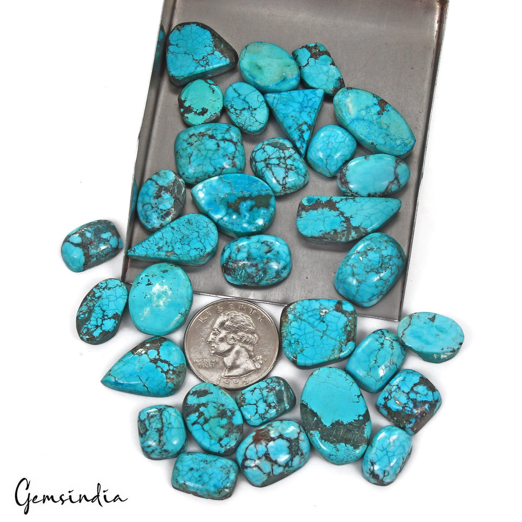 420 Cts/32 Pcs Natural Blue Spiderweb USA Turquoise Mix Cab Loose Gemstones Lot