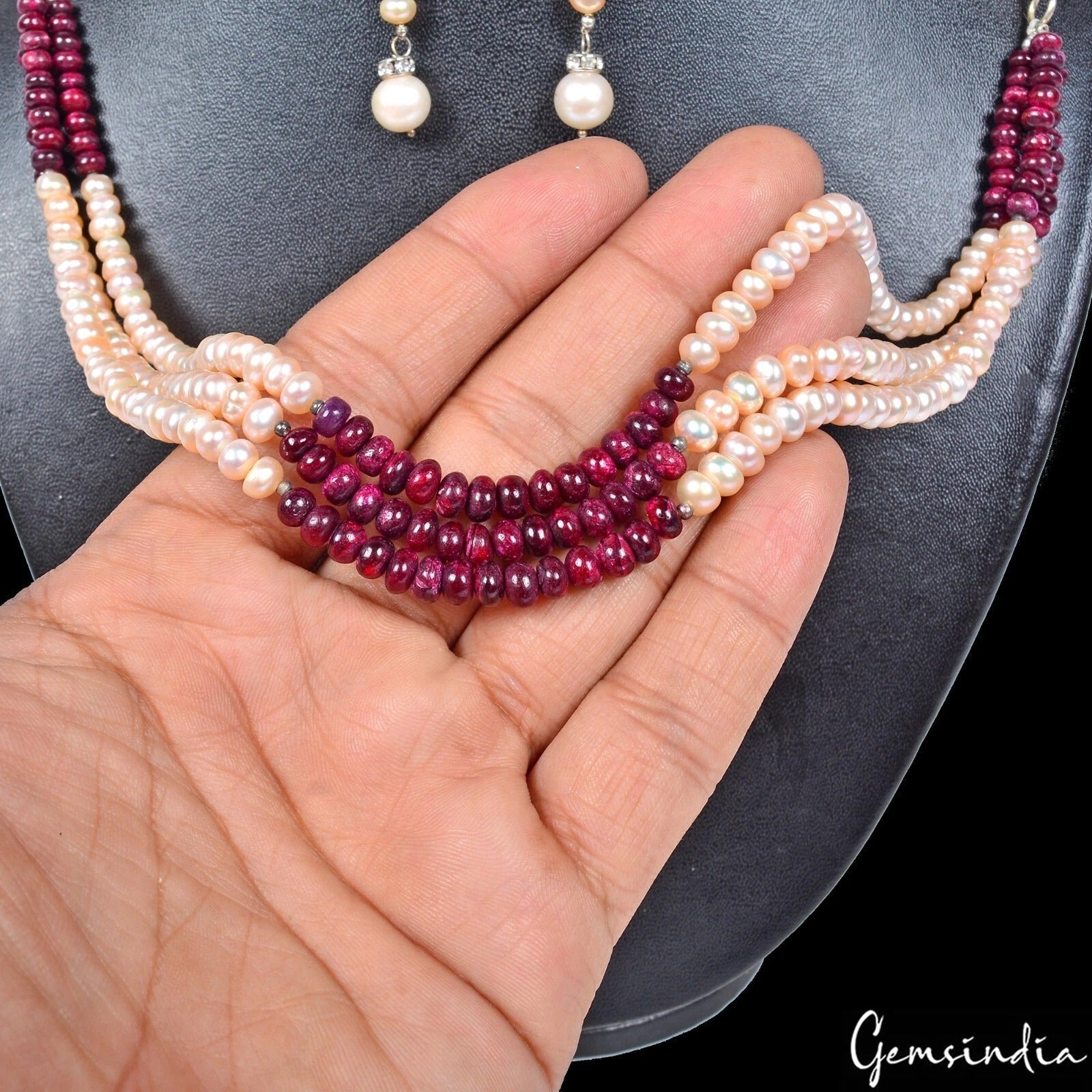 316.30 Cts Natural Red Ruby Peach Round Cab Beaded Handmade Designer Jewelry Set
