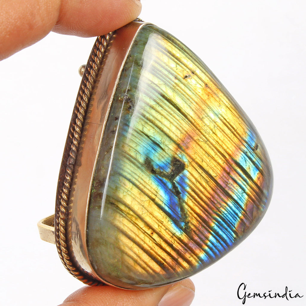 Multi Fire Labradorite Gemstone Silver Handmade Jewelry Belt Buckle ~82 gm/2.5"