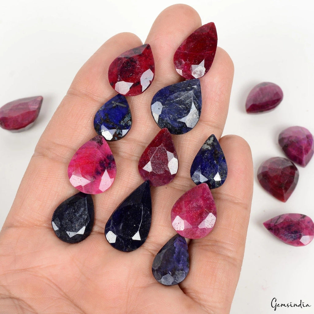 250.00 Ct Natural Red Ruby Blue Sapphire Pear Faceted Gems Lot 16Pcs For Jewelry