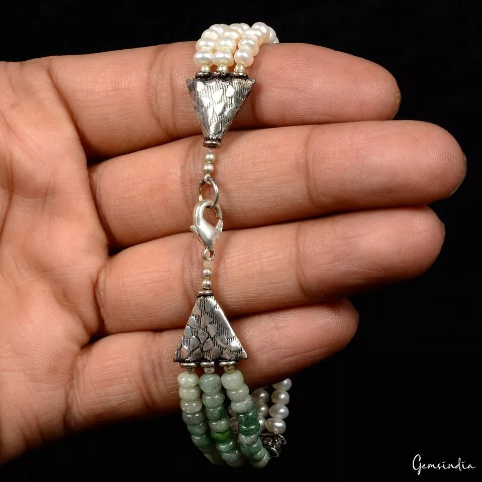 85. Ct Natural Emerald Pearl Round Beaded Oxidised Silver Handmade Bracelet 7.5”