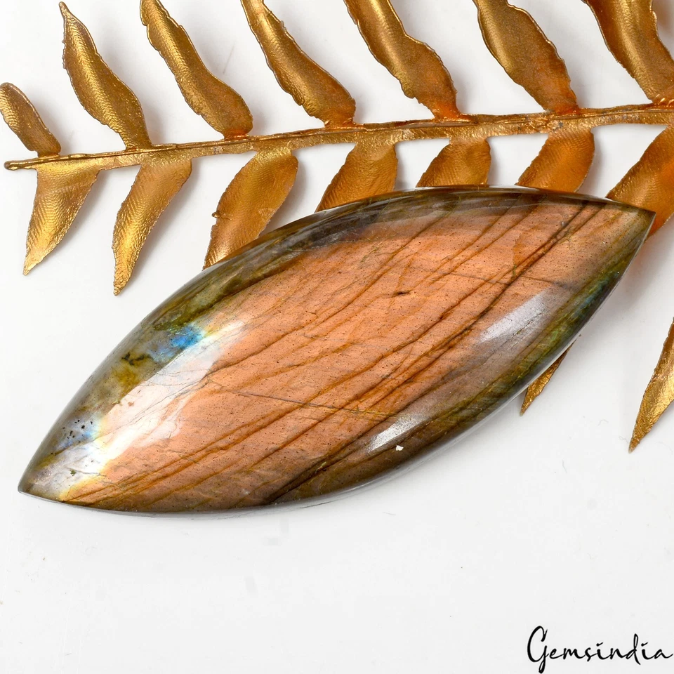 Certified 130 Cts Natural Labradorite Peach Fire Marquise Cab Gemstone 70x27mm
