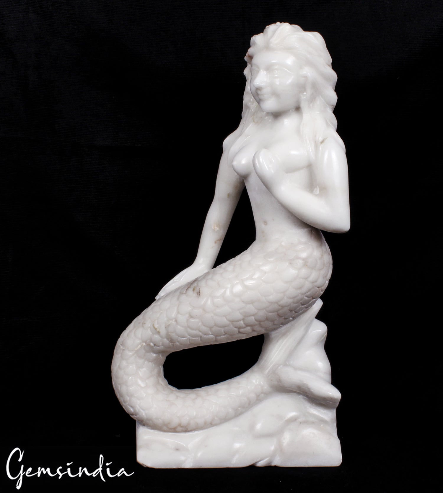 16.5 inch Tall Large White Marble Mermaid Hand Carved Figurine Statue 8.5 kilo