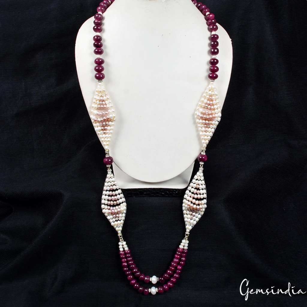 870 Cts Natural Red Ruby & Pearl Round Cab Beaded Handmade Designer 34" Necklace