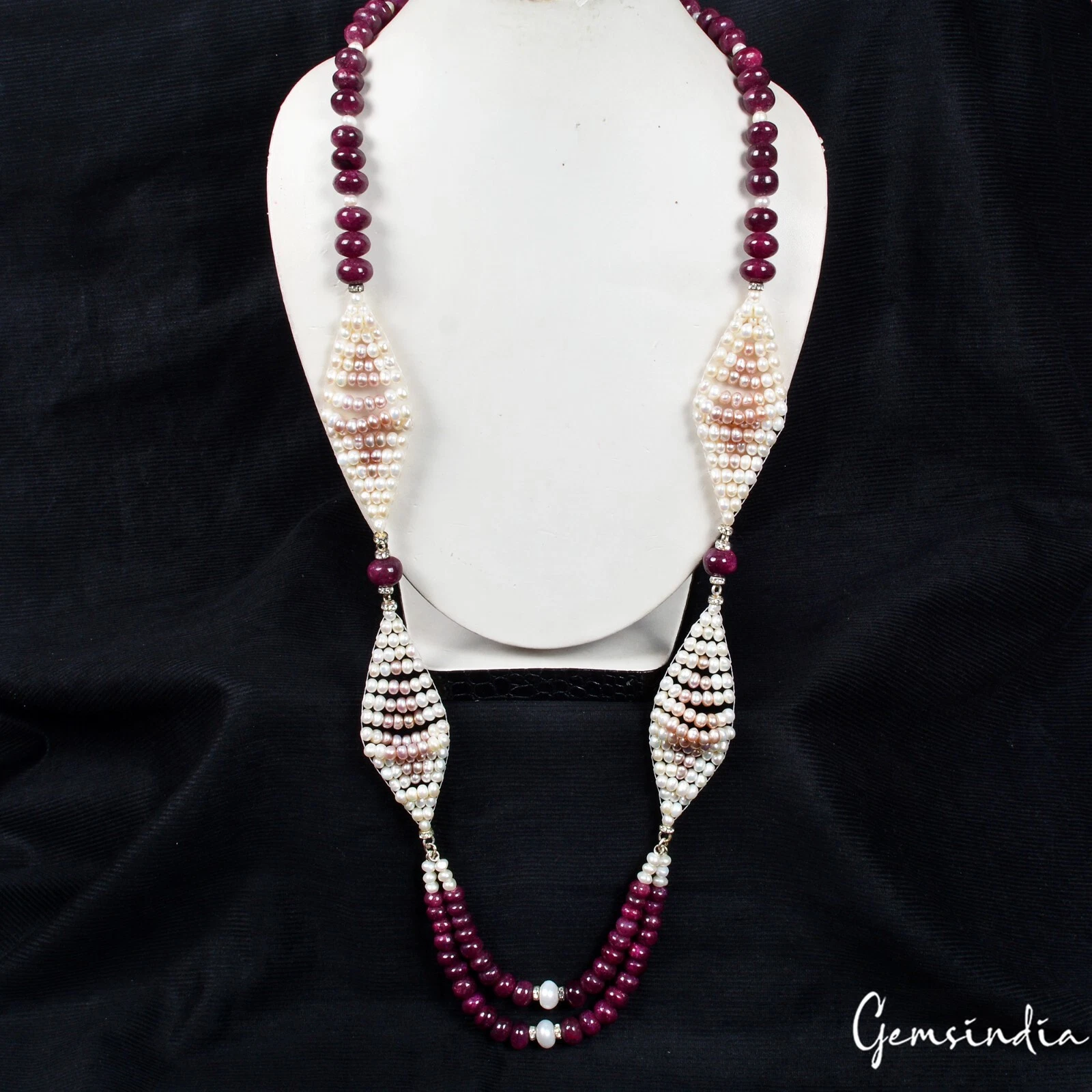 870 Cts Natural Red Ruby & Pearl Round Cab Beaded Handmade Designer 34" Necklace