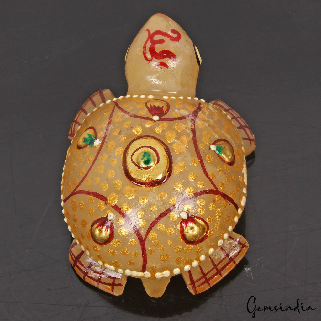 280 Cts Natural Untreated Yellow Aventurine Turtle Carved Golden Patined Statue
