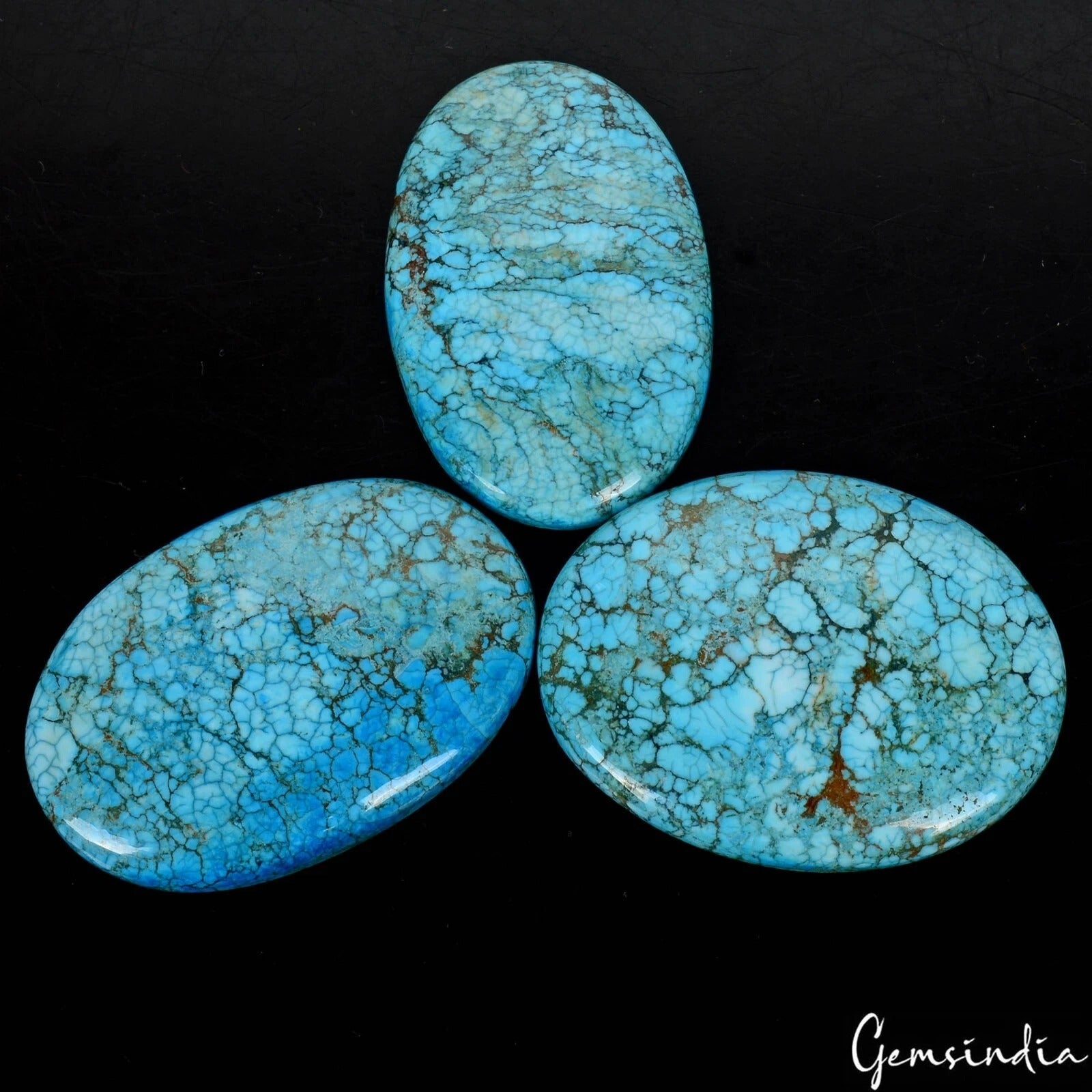 3 Pc Natural Blue Turquoise Spiderweb Oval Cabochon Huge 47-49mm Gemstones~300Ct