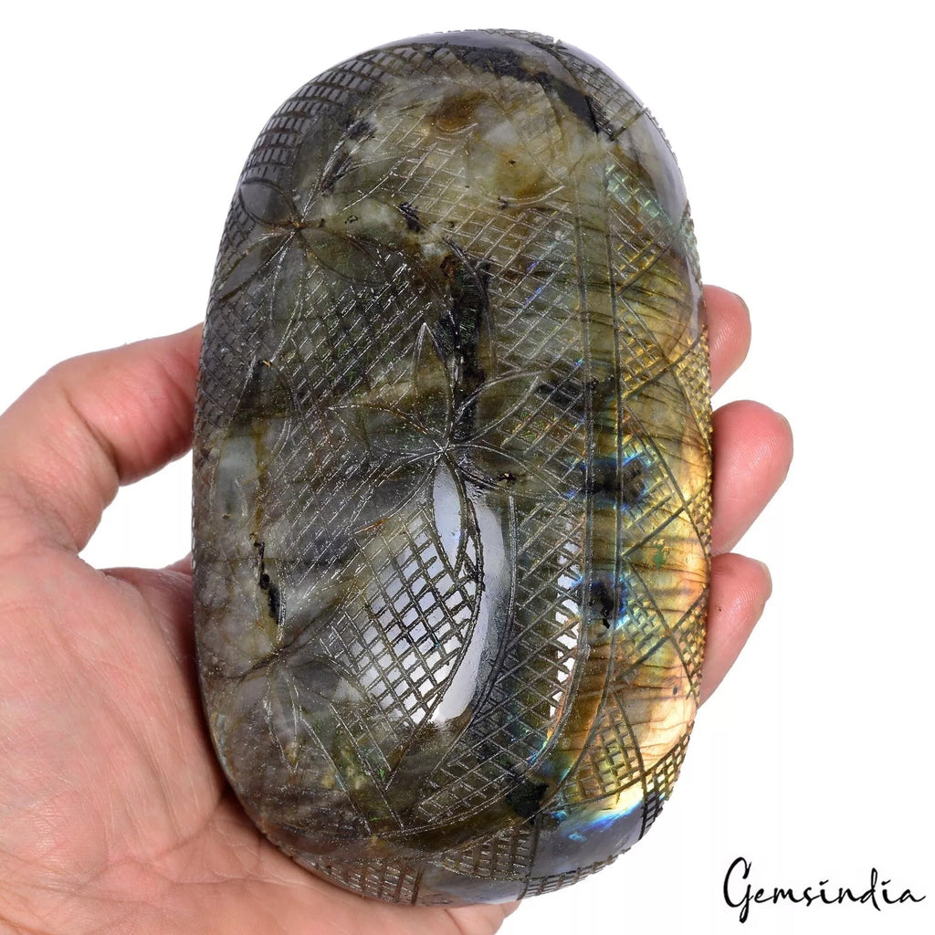 4340 Ct Natural Labradorite Multi Shine Floral Carved Oval Shape Large Gemstone