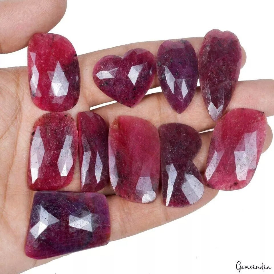 370 Cts/10 Pc Natural Red Ruby Mix Checker Cut Flat Back Loose Gems For Jewelry