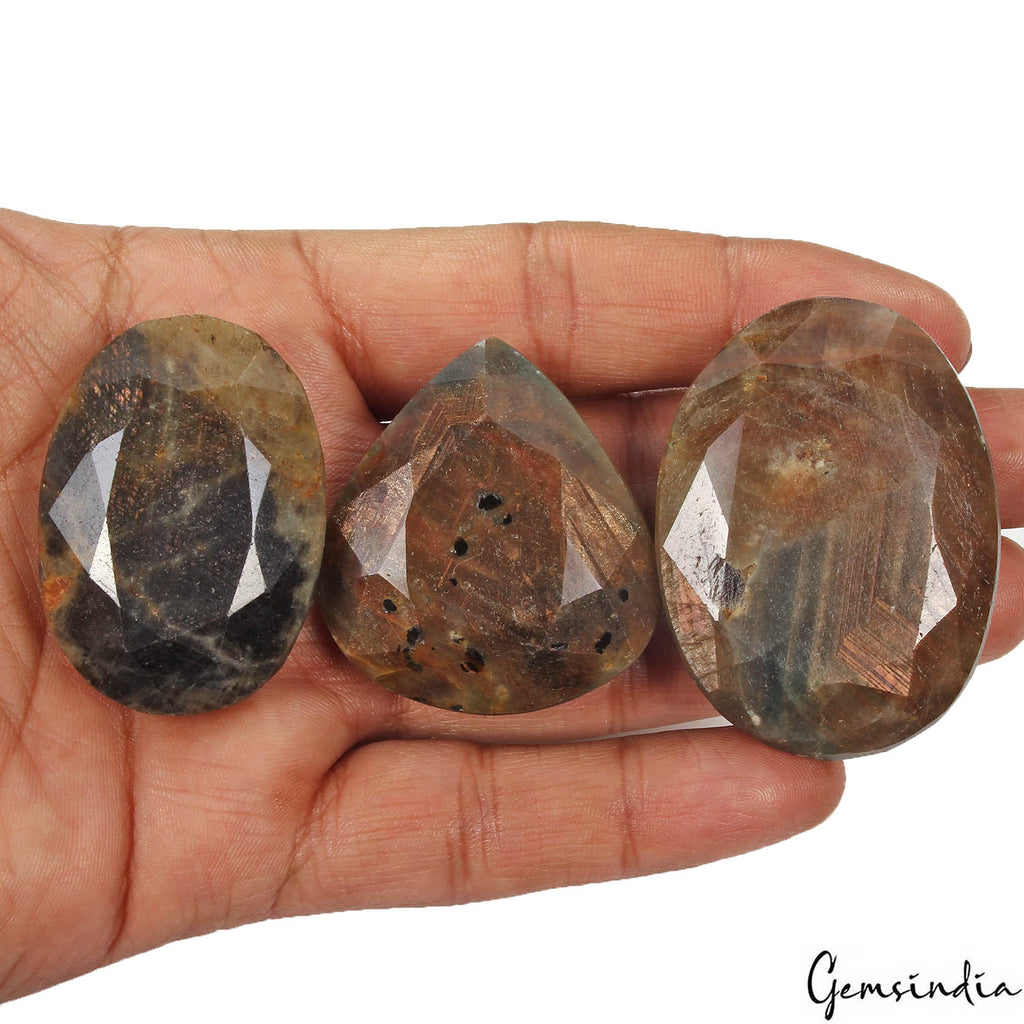 Certified 870 Ct/3Pcs Natural Untreated Brown Blue Sapphire Mixed Cut Loose Gems