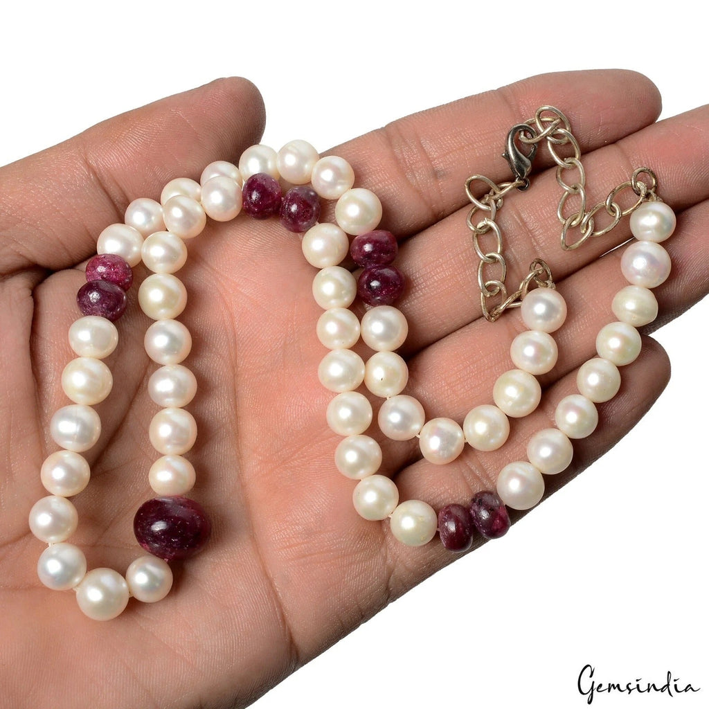 239.60 Cts Freshwater Pearl Red Ruby Cab Round Beaded Single Strand Necklace 21"