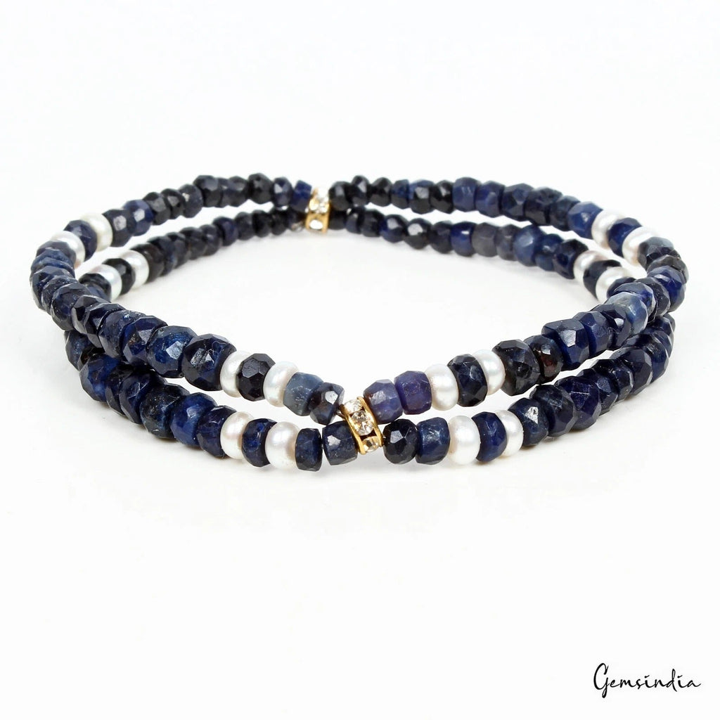76 Cts Natural Sapphire Pearl Round Cut Beads Stretchable Handmade Bracelet 6.5"