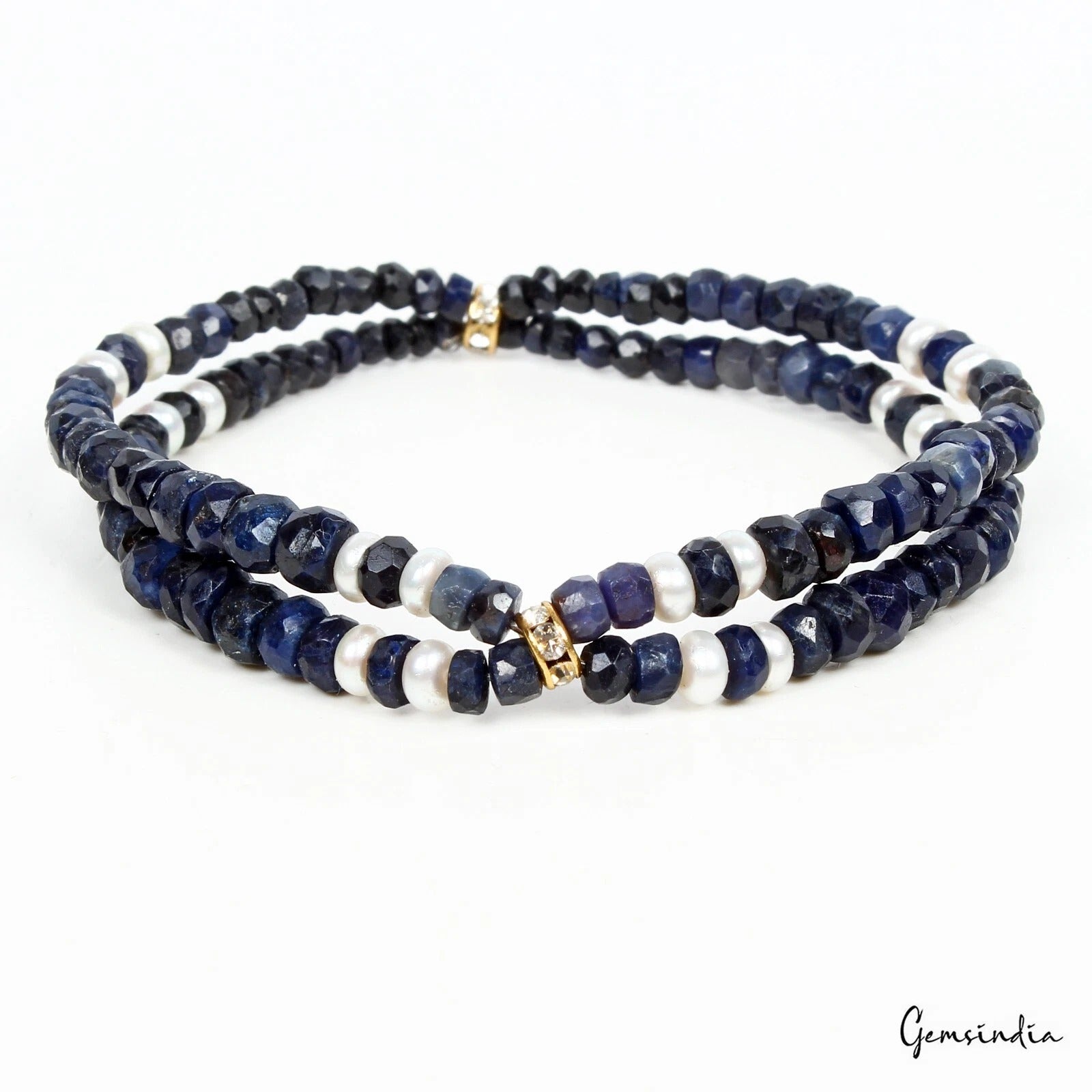 76 Cts Natural Sapphire Pearl Round Cut Beads Stretchable Handmade Bracelet 6.5"