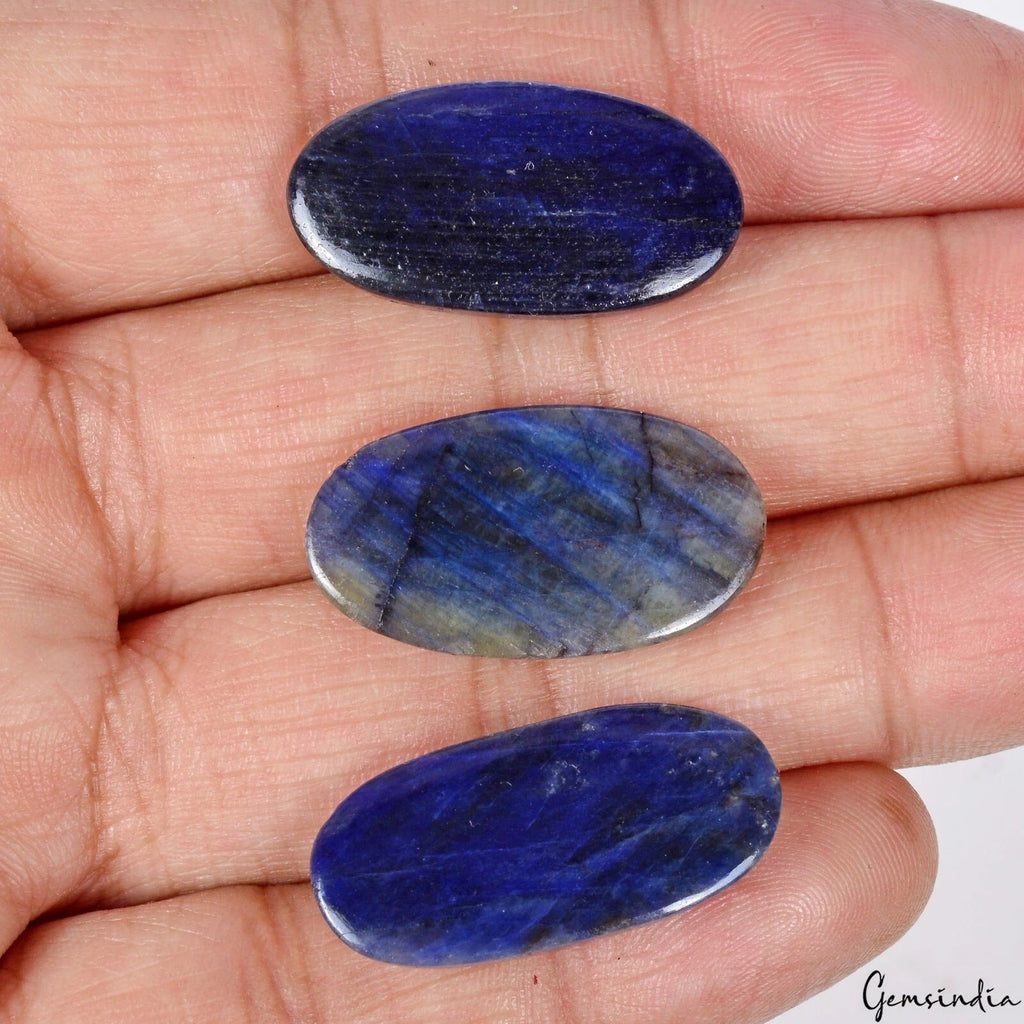 Certified 73 Cts/3 Pcs Natural Blue Sapphire Oval Cab Loose Gems Lot For Jewelry