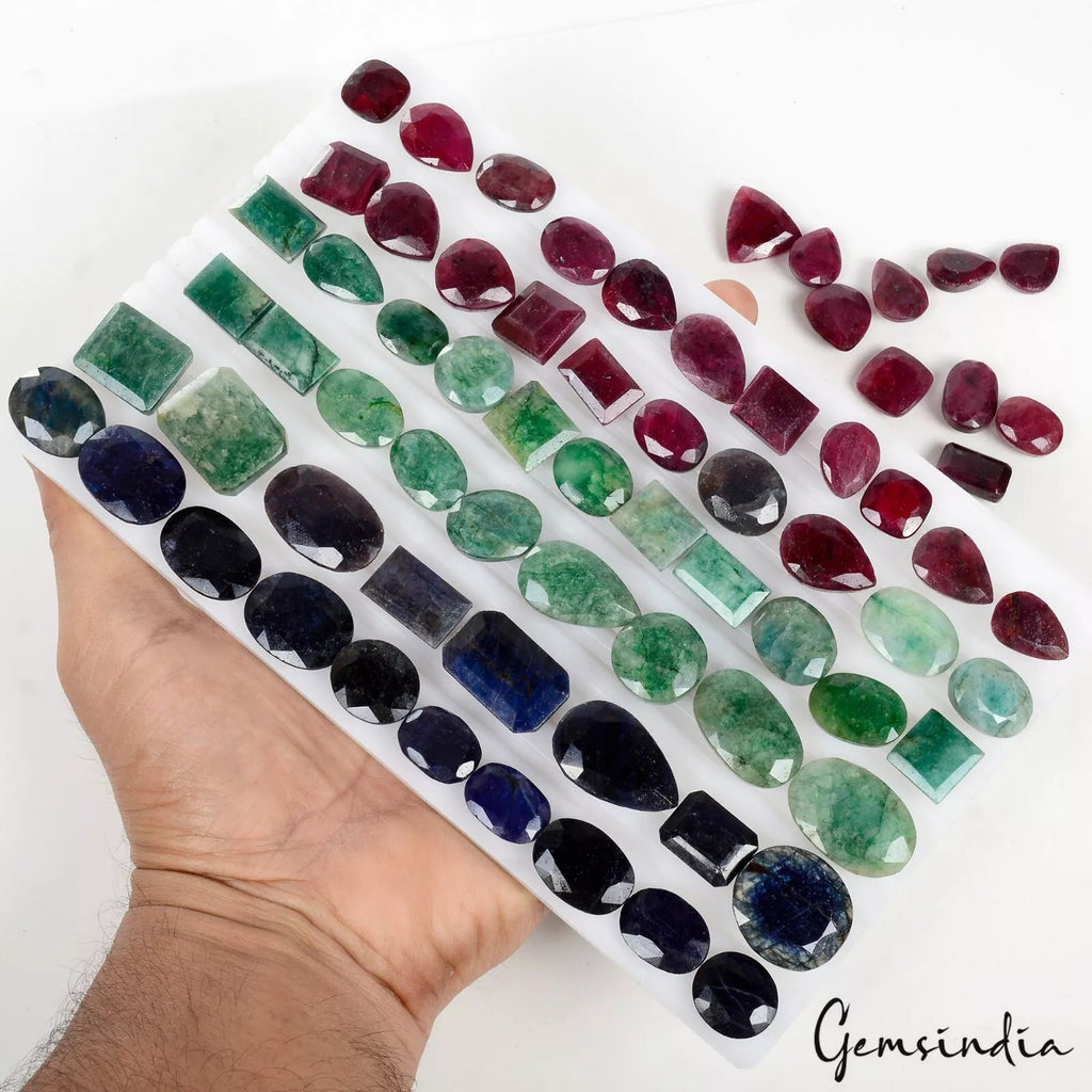 1620 Ct/69 Pcs Natural Ruby Emerald Sapphire Mix Cut Ring Size Loose Gemstones