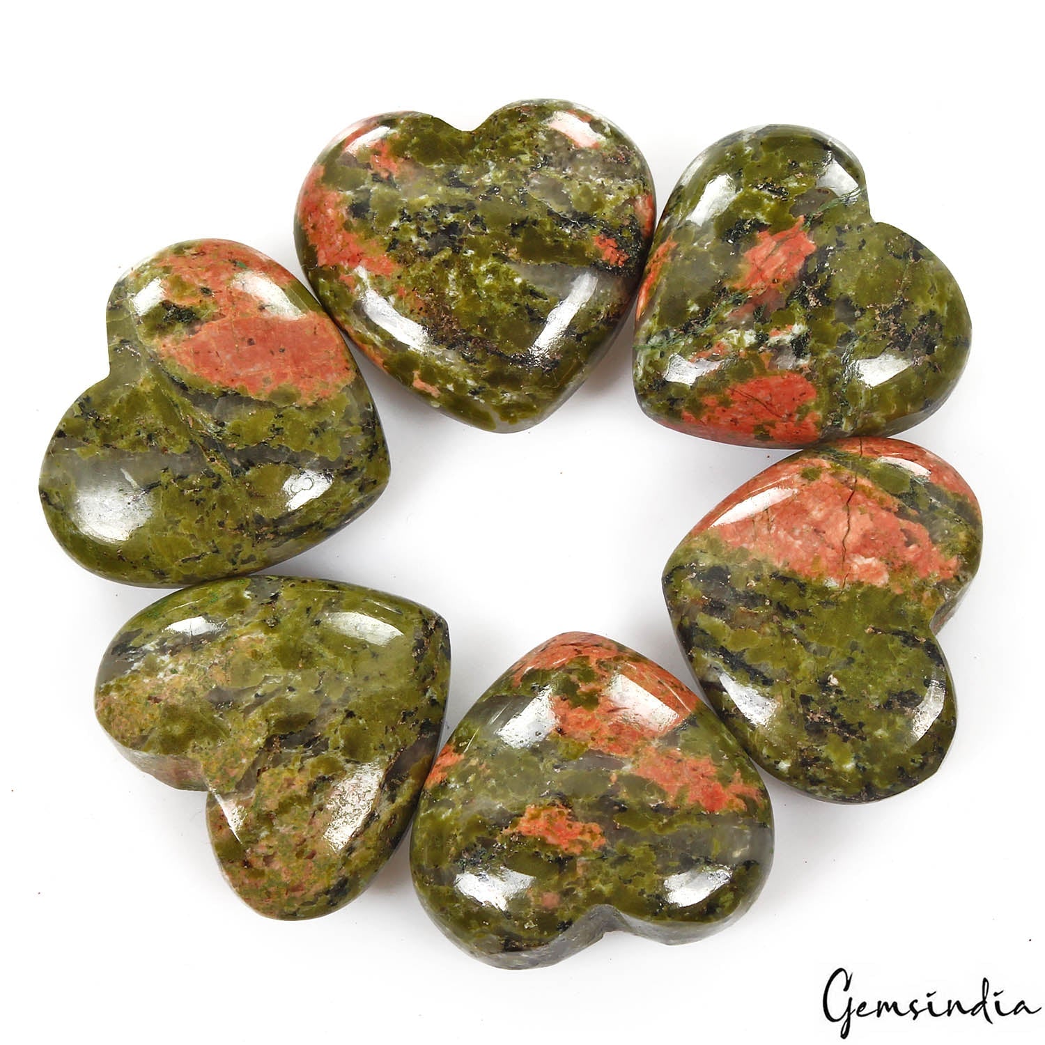 294.50 Cts/6 Pcs Natural Untreated Bi-Color Unakite Jasper Heart Cab Gems Lot