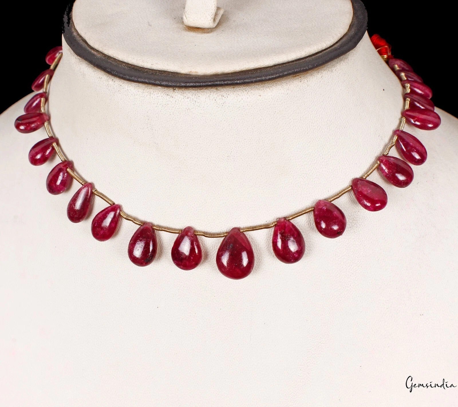 98.40 Cts Natural Red Ruby Pear Cab Side Drilled 9-14mm Bead/Briolette Strand~9"