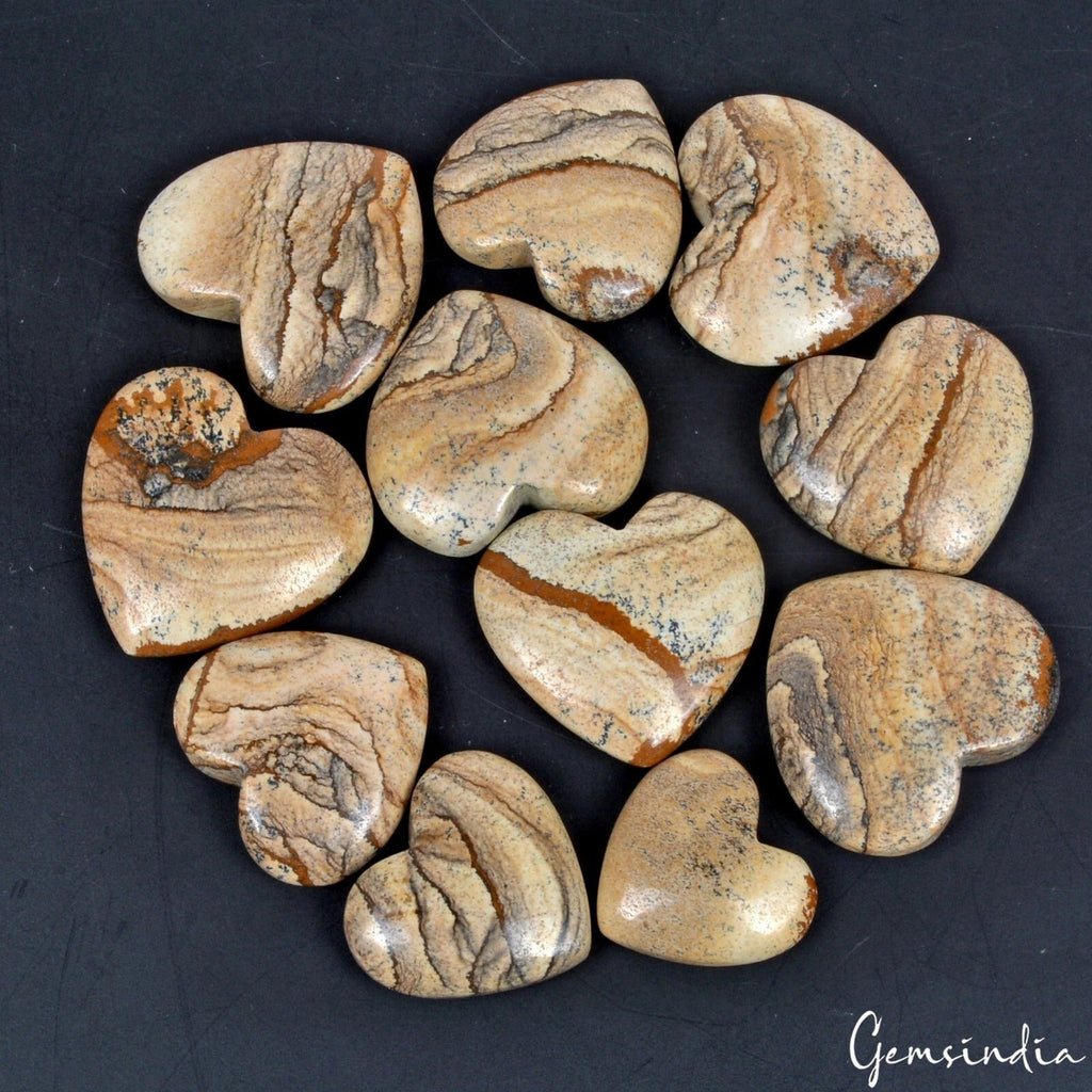 11 Pcs Natural Picture Jasper 22-32mm Heart Shape Loose Cabochon Gemstones Lot
