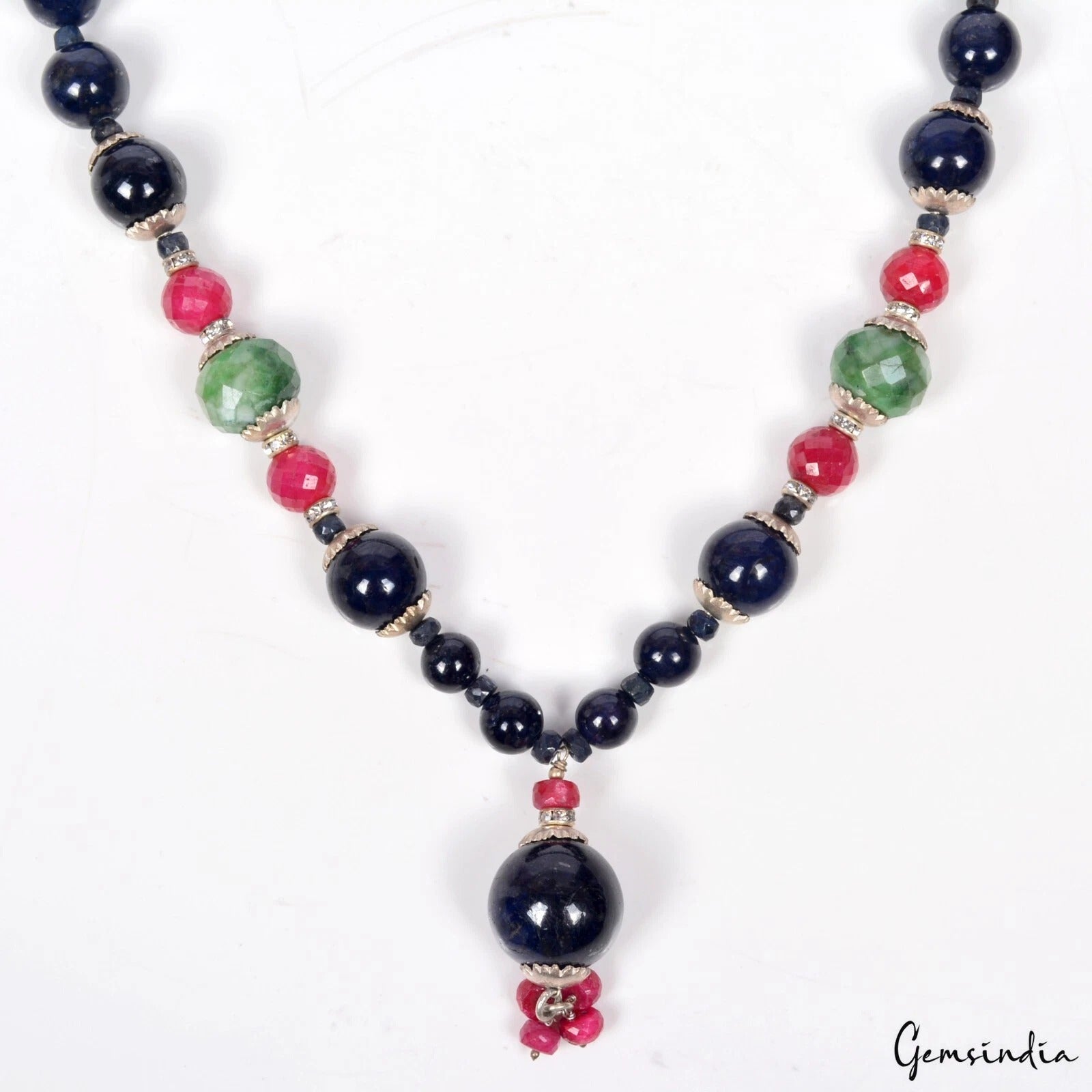 735 Cts Natural Multi Color Gems Round Cab Beaded Handmade Designer Necklace 26"